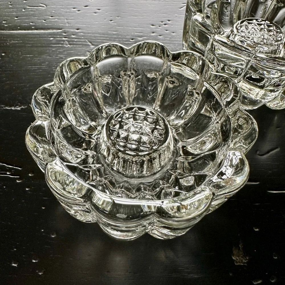 SET/2, CLEAR, LEAD CRYSTAL CANDLE HOLDERS. HEAVY, ROUND, SCALLOPED HOLDERS
